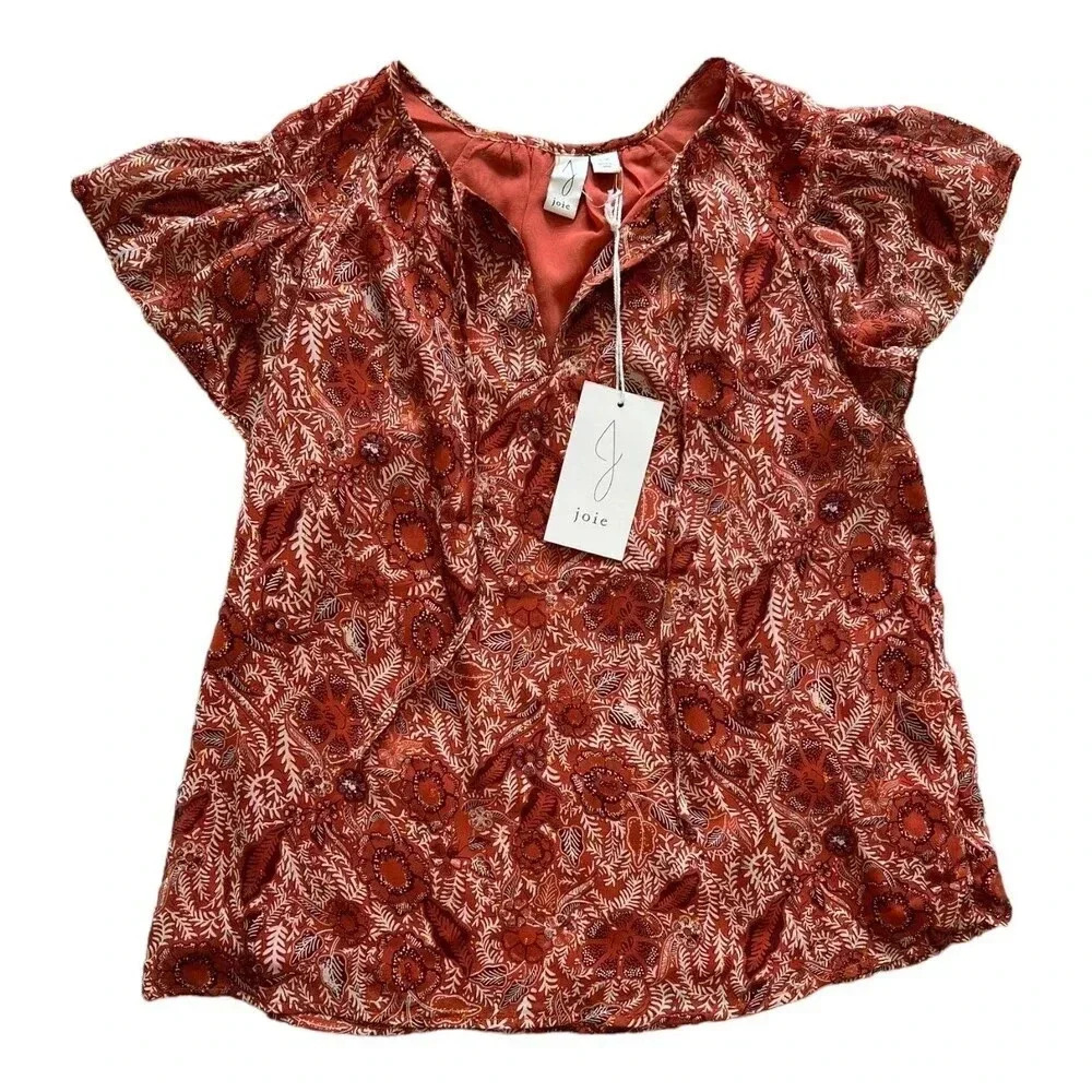 Joie Orange Paisley Ruffle Sleeve Metallic Blouse S